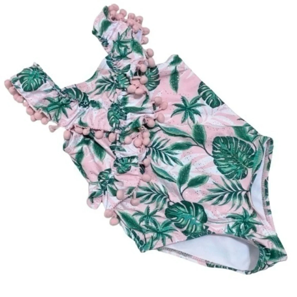 Nicole Miller one piece swimsuit pink w silver glitter green leaf 6x